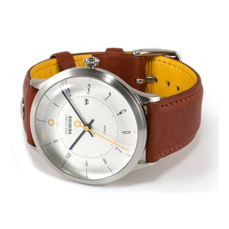 DayeTurner Clock SEIRIOS men's analogue silver watch - light brown leather strap