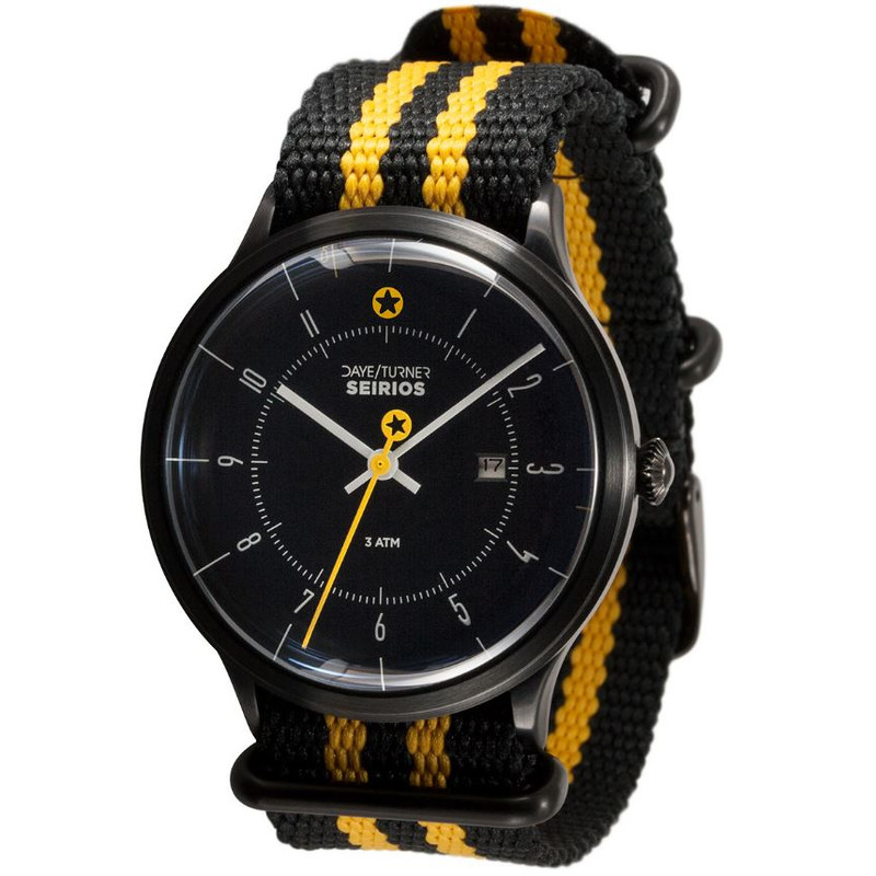 DayeTurner Clock SEIRIOS men's black analogue watch - nylon black/yellow strap