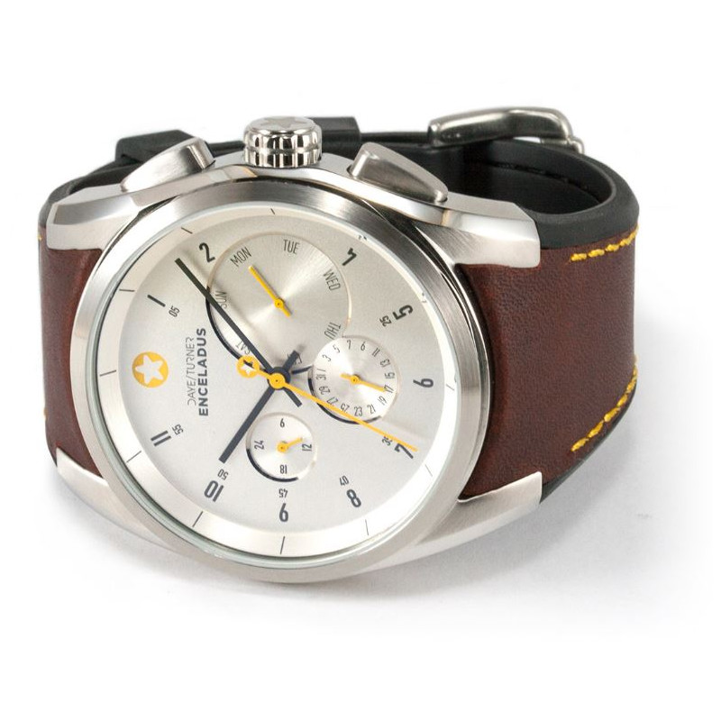 DayeTurner Clock ENCELADUS men's analogue watch, silver - light brown leather strap