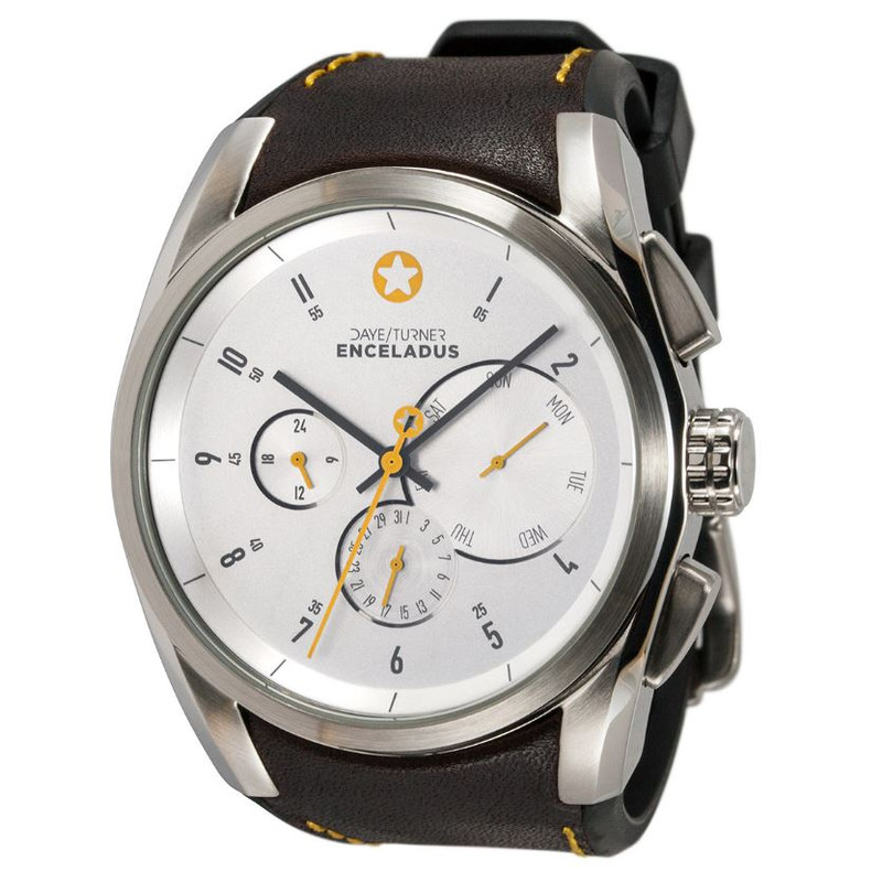 DayeTurner Clock ENCELADUS men's silver analogue watch - dark brown leather strap