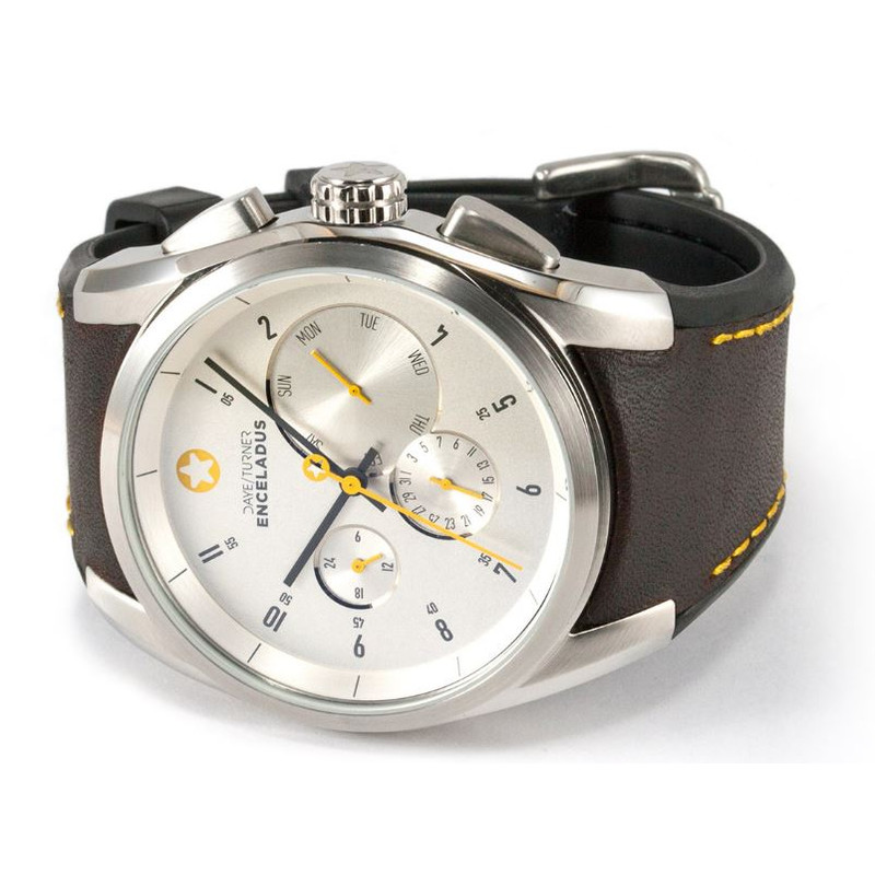 DayeTurner Clock ENCELADUS men's silver analogue watch - dark brown leather strap