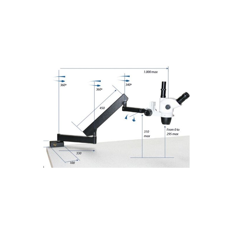 Euromex Stereo zoom microscope NZ.1903-A,  6.7x to 45x, articulated stand., base plate, w.o. illumination, trino