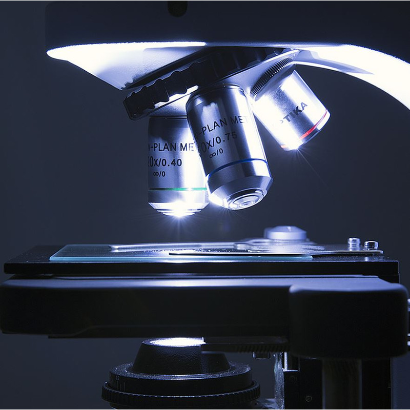 Optika Microscope B-510-3, discussion, trino, 3-head, IOS W-PLAN, 40x-1000x, EU