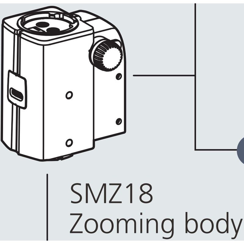 Nikon SMZ18, manual, parallel optics, Achromat, Zoom Head, bino, 7.5-135x, click stop, ratio 18:1, 15°