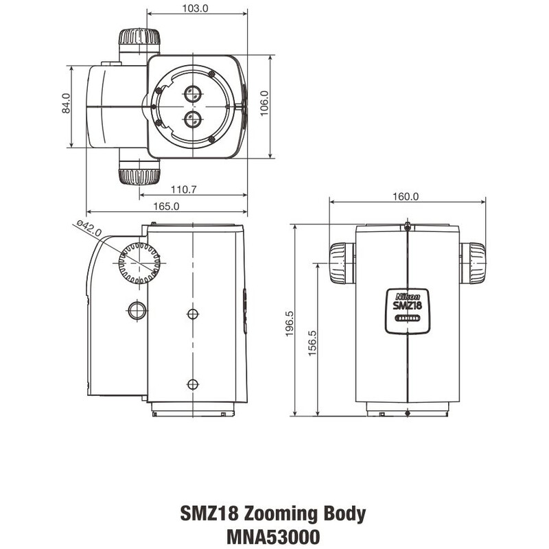Nikon SMZ18, manual, parallel optics, Achromat, Zoom Head, bino, 7.5-135x, click stop, ratio 18:1, 15°