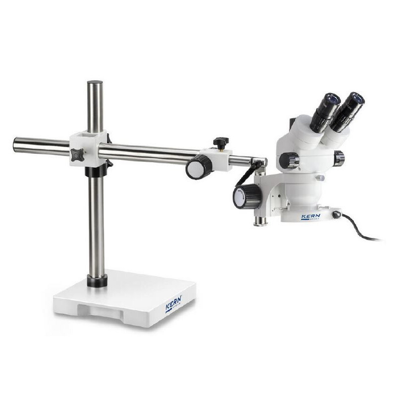 Kern Stereo zoom microscope OZM 912, bino, 7x-45x, HSWF 10x23 mm, Tripod, single-arm (430 mm x 385 mm) w. stage, LED ring light 4.5 W