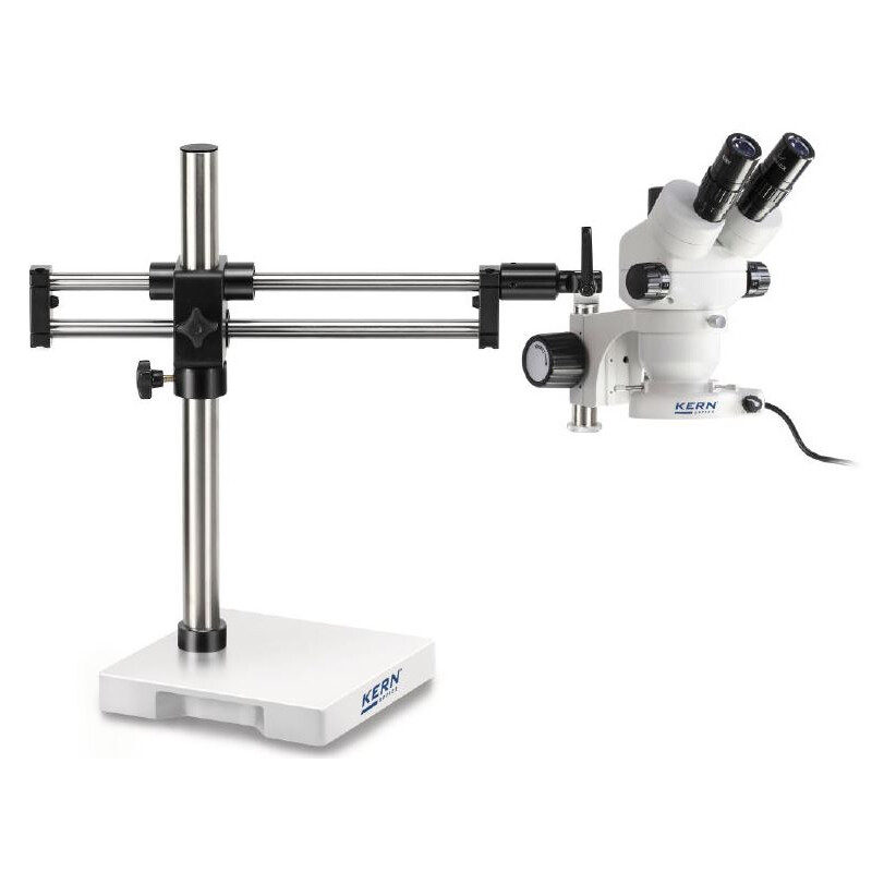 Kern Stereo zoom microscope OZM 932, bino, 7-45x, HSWF 10x23 mm, Tripod double-armed, 430x480mm, with stage plate, Ring light LED 4.5 W
