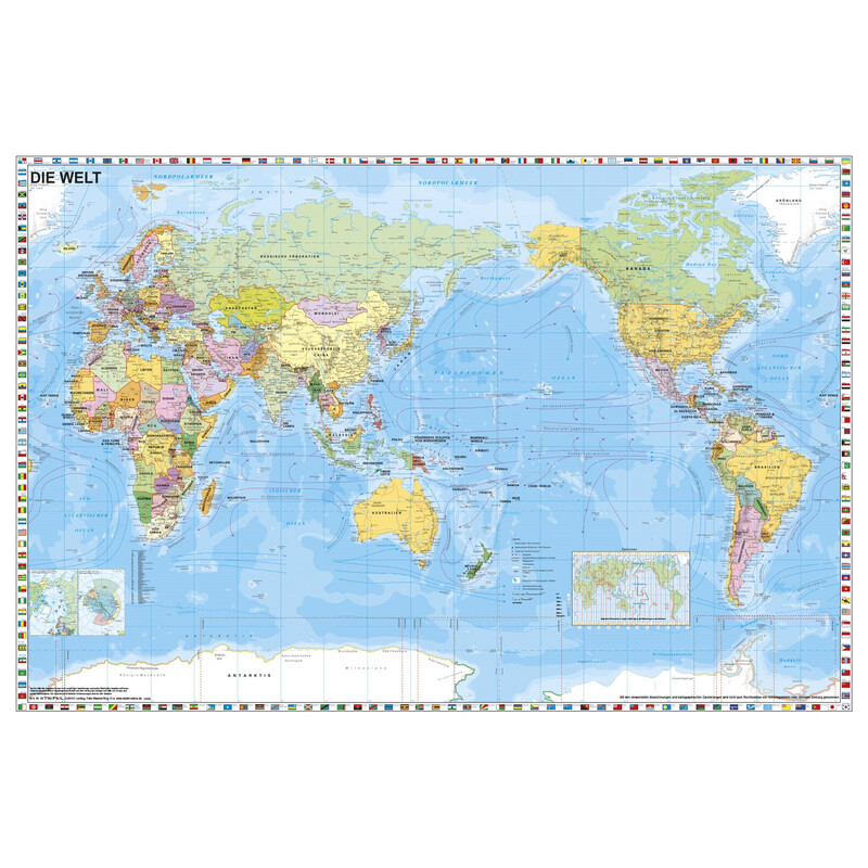 Stiefel World, political, Pacific-centred with flag border (98 x 68 cm)