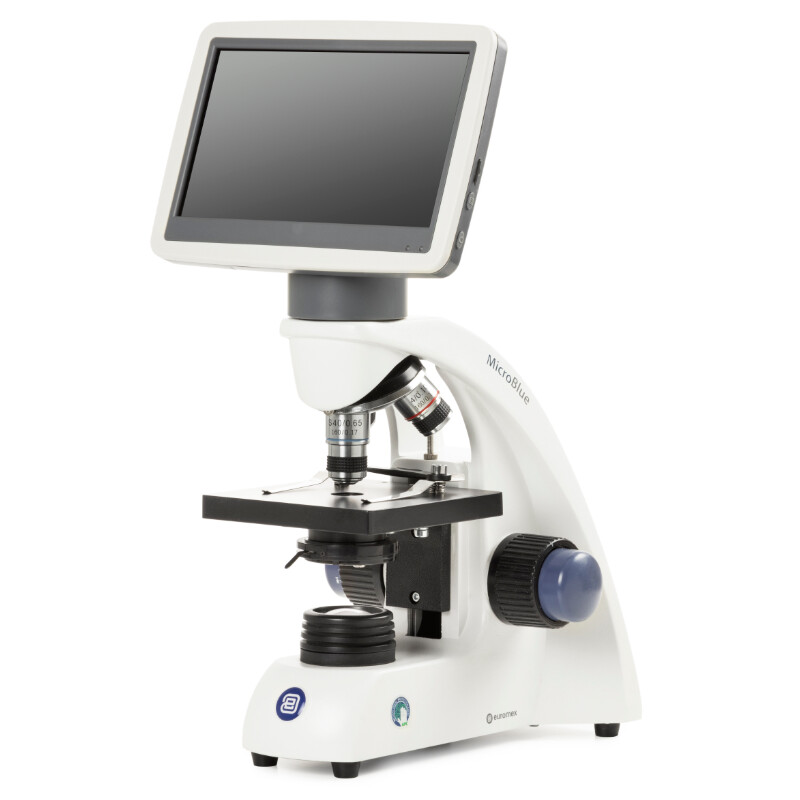 Euromex Microscope MicroBlue, MB.1051-LCD, 5.6 inch LCD screen, Achr. 4/10/S40x Objectives, DIN 35mm perf., 40x - 400x, LED 1W, Cross table