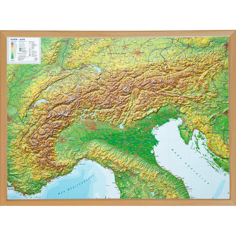 Georelief Large 3D relief map of the Alps in wooden frame (in German)