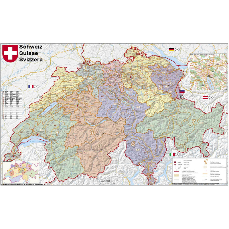Stiefel Map Switzerland, political, with postcodes (95 x 62 cm)