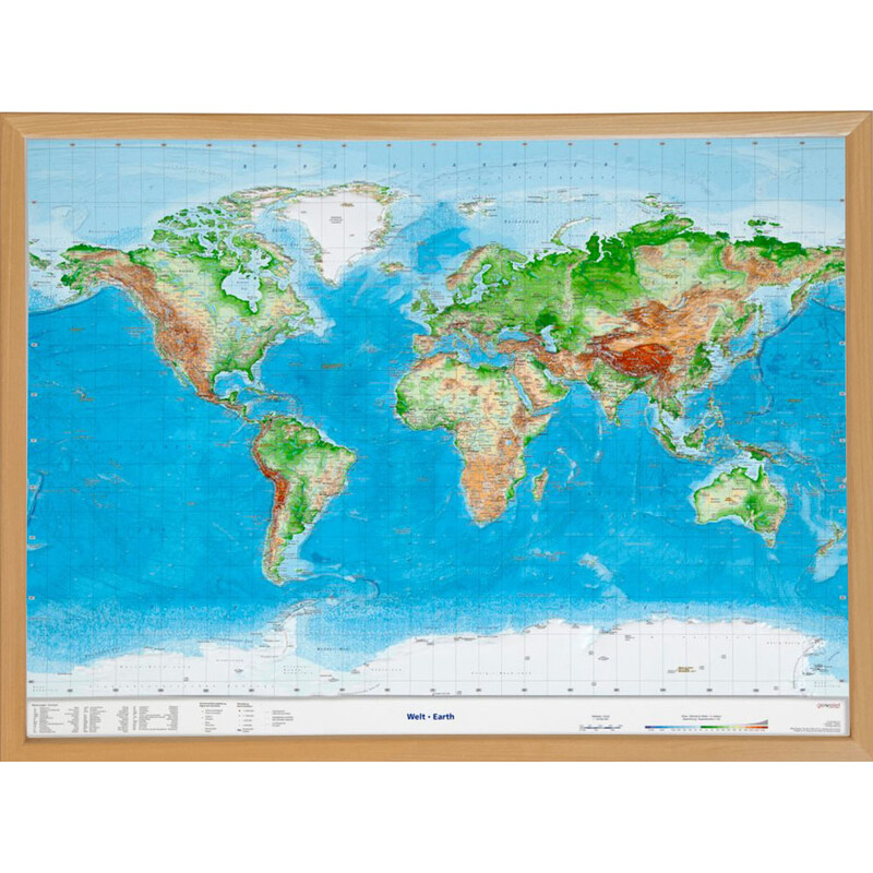 Georelief World map, large 3D relief map with wooden frame (in German)