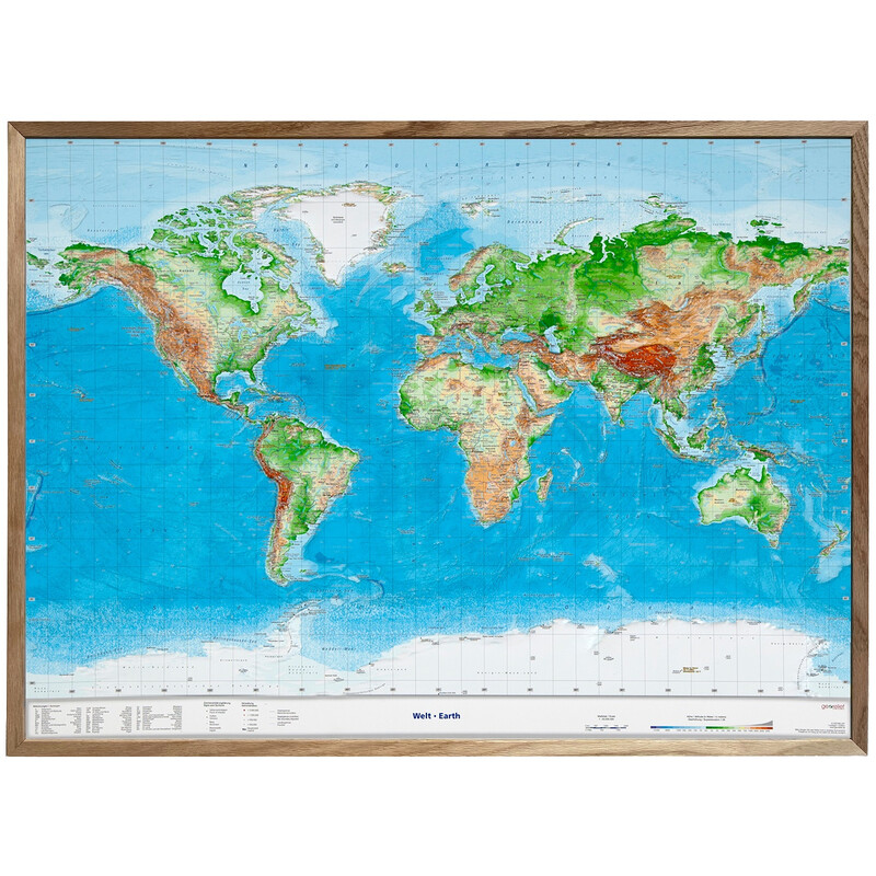 Georelief World map, large 3D relief map with wooden frame (in German)