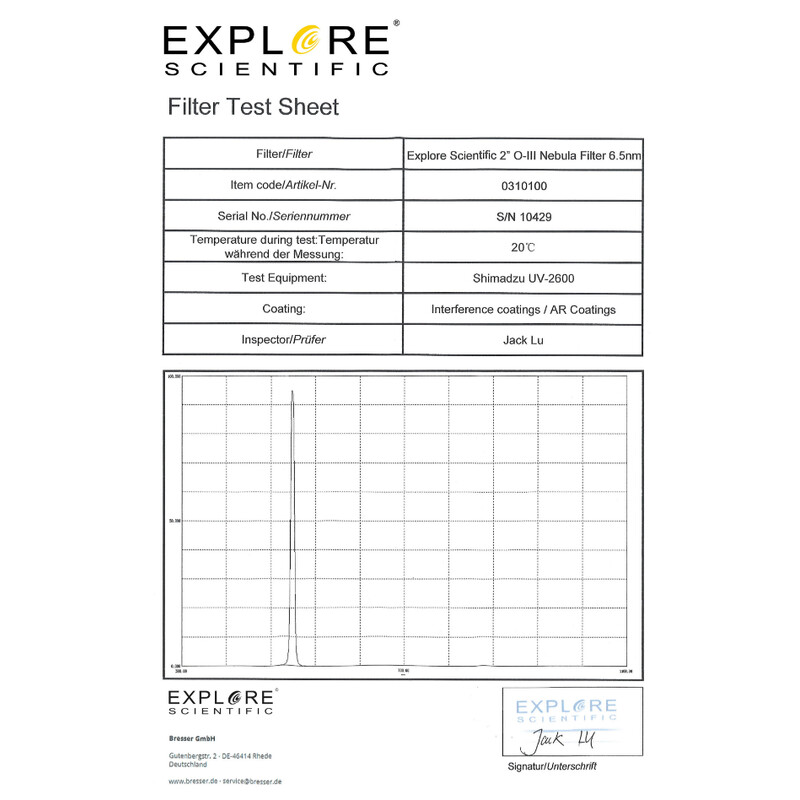 Explore Scientific Filters OIII 6.5nm 2"