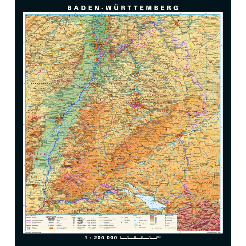 PONS Physical and political map of Baden-Wuerttemberg (148 x 168 cm)