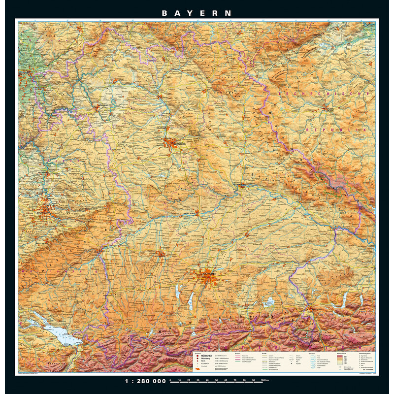 PONS Regional map Bavaria physical/political (148 x 150 cm)