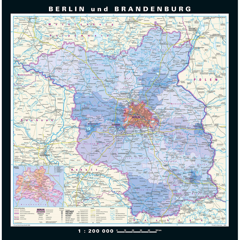 PONS Regional map Berlin-Brandenburg physisch/politisch (148 x 150 cm)