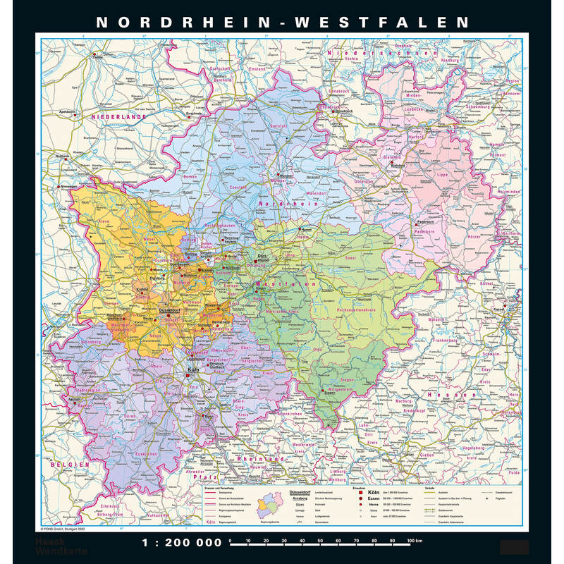 PONS Regional map Nordrhein-Westfalen physisch/politisch (148 x 155 cm)
