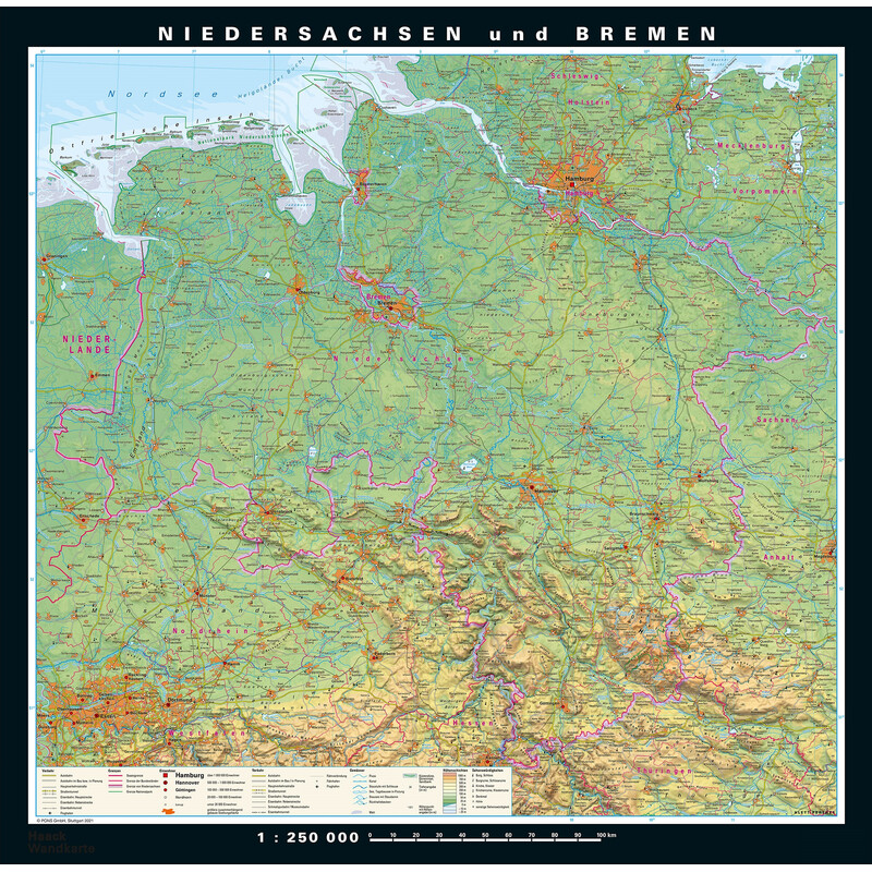 PONS Regional map Lower Saxony and Bremen physical/political (148 x 150 cm)