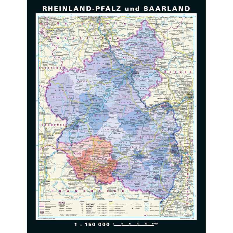 PONS Physical and political map of Rhineland-Palatinate and Saarland (148 x 193 cm)