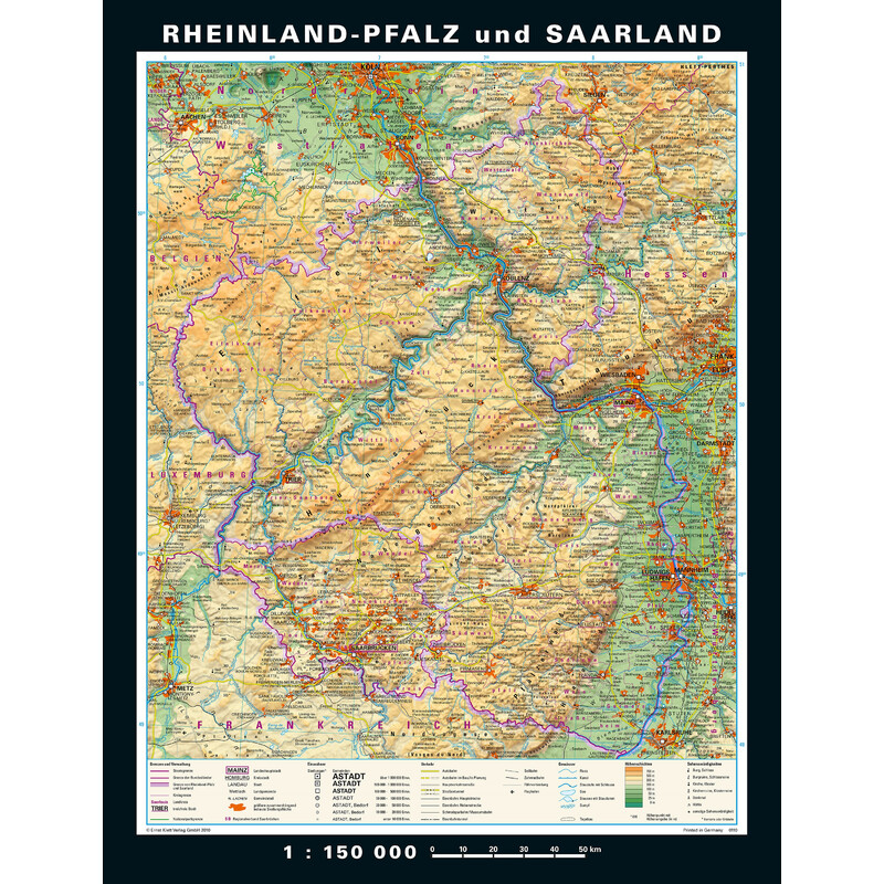 PONS Physical and political map of Rhineland-Palatinate and Saarland (148 x 193 cm)