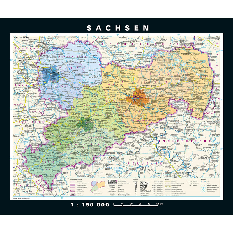 PONS Regional map Saxonia physical/political (176 x 148 cm)