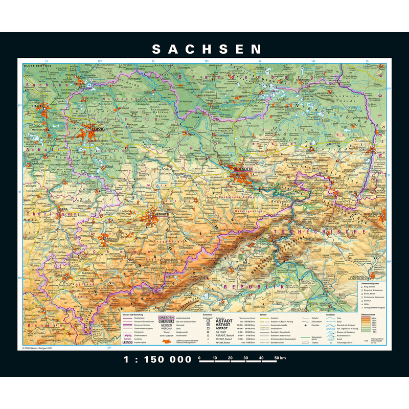 PONS Regional map Saxonia physical/political (176 x 148 cm)