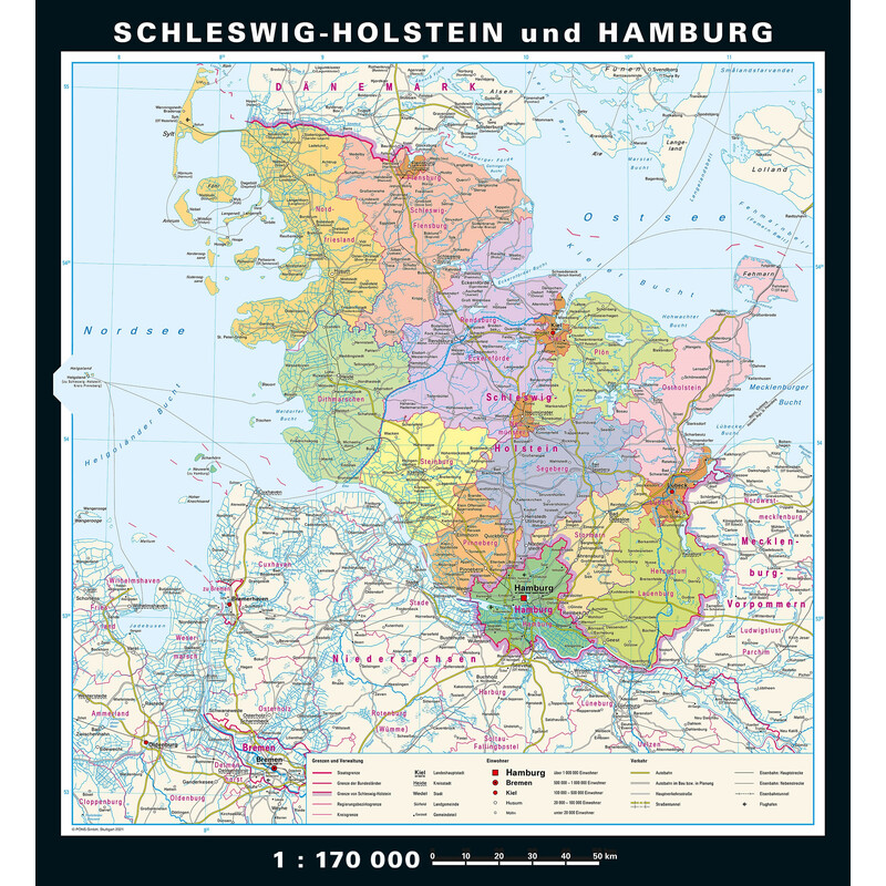 PONS Regional map Schleswig-Holstein and Hamburg physical/political (148 x 175 cm)