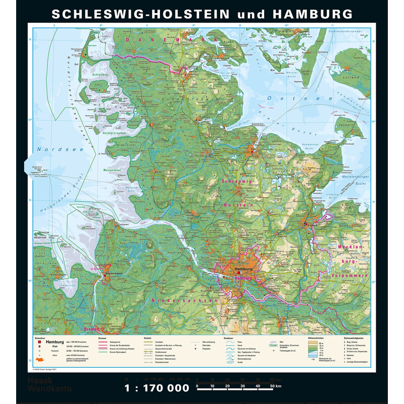 PONS Regional map Schleswig-Holstein and Hamburg physical/political (148 x 175 cm)