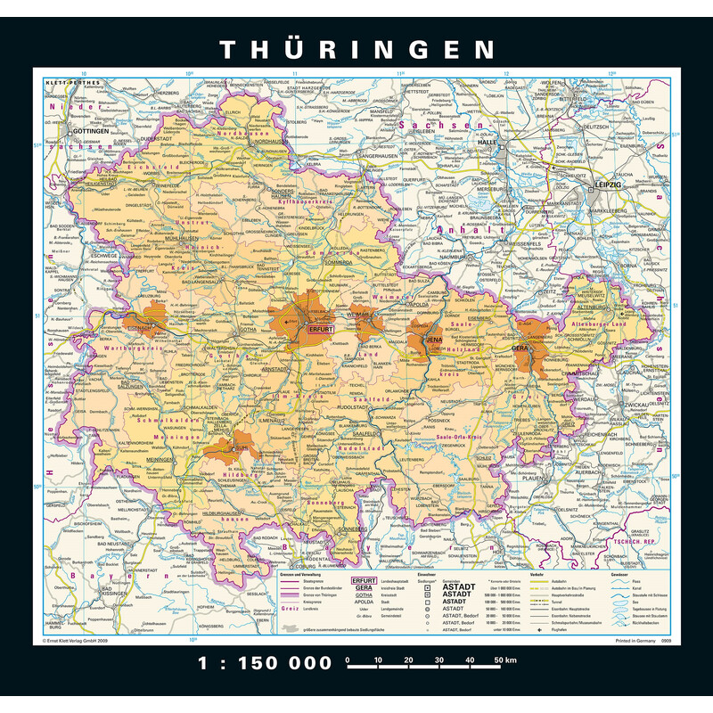 PONS Regional map Thuringia physical/political (148 x 150 cm)