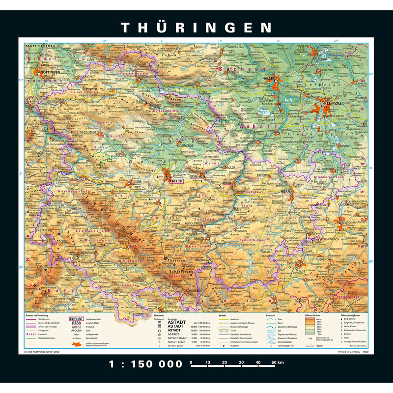 PONS Regional map Thuringia physical/political (148 x 150 cm)