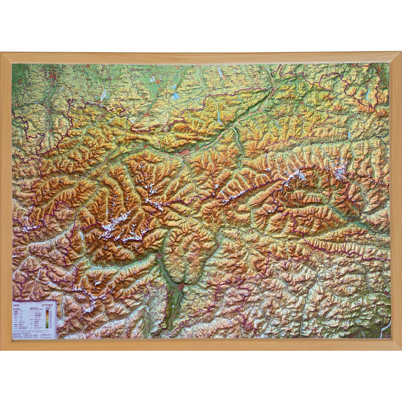 Georelief Tirol (78 x 58 cm) 3D relief map with wooden frame