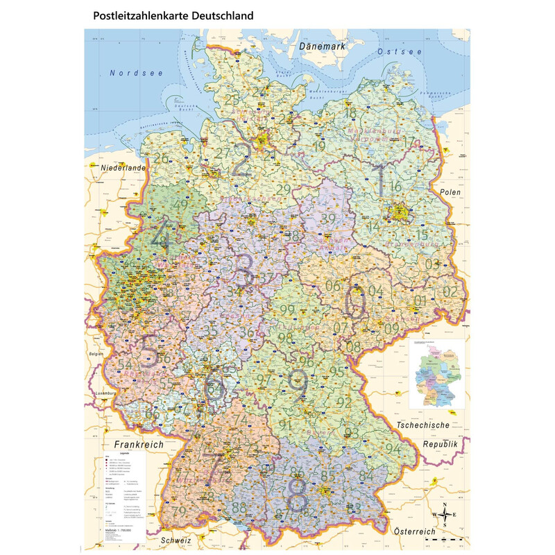 GeoMetro Map Deutschland politisch mit Postleitzahlen PLZ XL (100 x 140 cm)