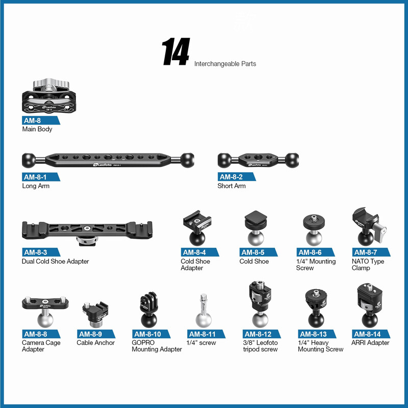 Leofoto AM-8 Kit consisting of AM-8 Base unit, AM-8-13 and AM-8-14 joints