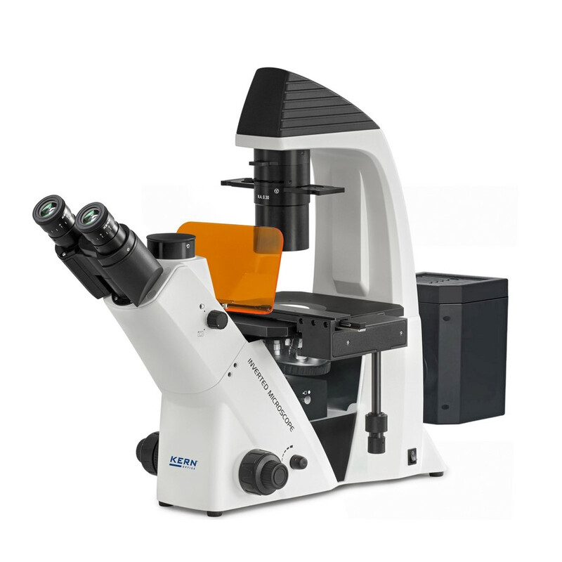 Kern Inverted microscope OCM 166, FL, PH, trino, inverse, Abbe N.A. 0,3 Condensor fix, 10x-40x, 30W LED, Al, 100W HBO, Dl