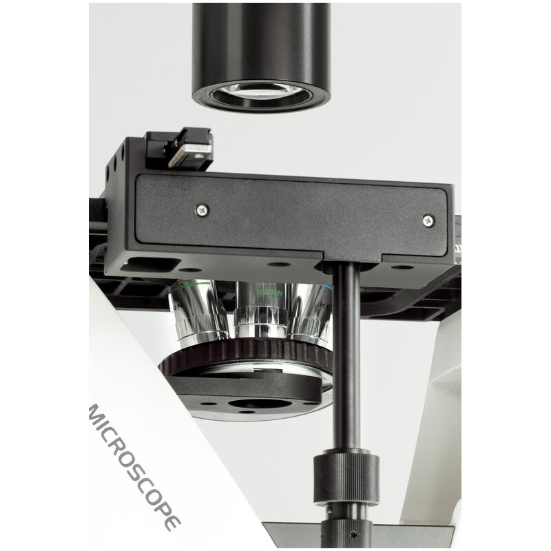 Kern Inverted microscope OCM 166, FL, PH, trino, inverse, Abbe N.A. 0,3 Condensor fix, 10x-40x, 30W LED, Al, 100W HBO, Dl