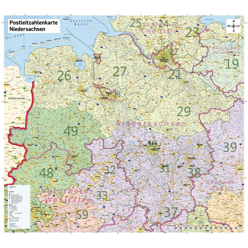 GeoMetro Regional map Lower Saxony Postcodes (100 x 110 cm)